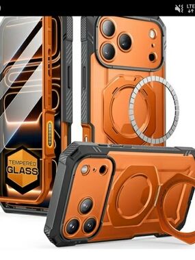 Rugged Orange Magnetic Ring Phone Case with Tempered Glass Screen Protector